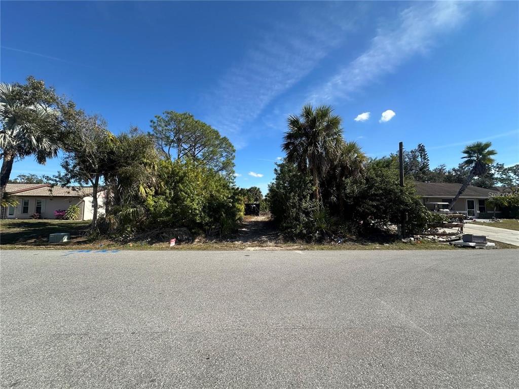 A vacant, overgrown residential lot sits between two existing houses on a paved street — NATRONA DRIVE, NORTH PORT, FL