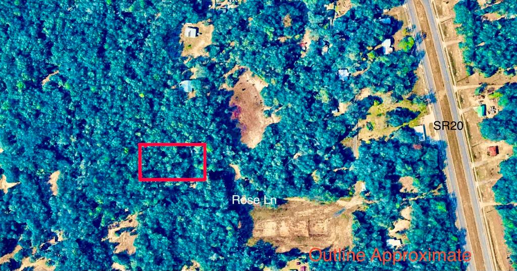 An aerial map shows a rectangular red outline marking a wooded plot near Rose Lane — 000 ROSE LANE, HAWTHORNE, FL