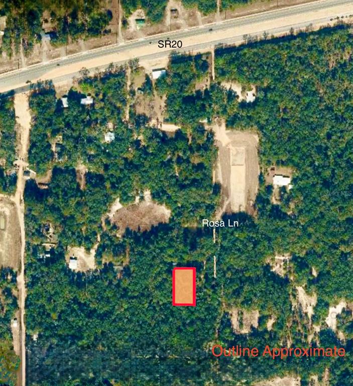 This aerial map shows a rectangular plot of land outlined in red near Rosa Lane — 000 ROSE LANE, HAWTHORNE, FL