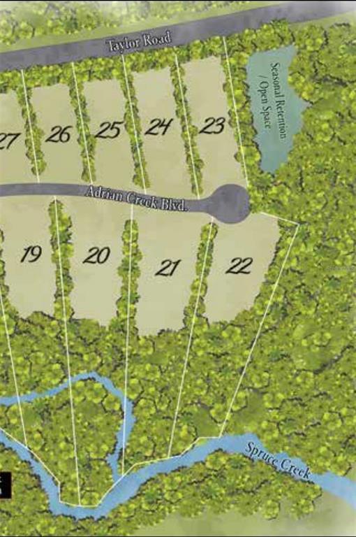 This is a site map showing residential lots along Adrian Creek Boulevard and Spruce Creek — 1801 ADRIAN CREEK BOULEVARD, PORT ORANGE, FL