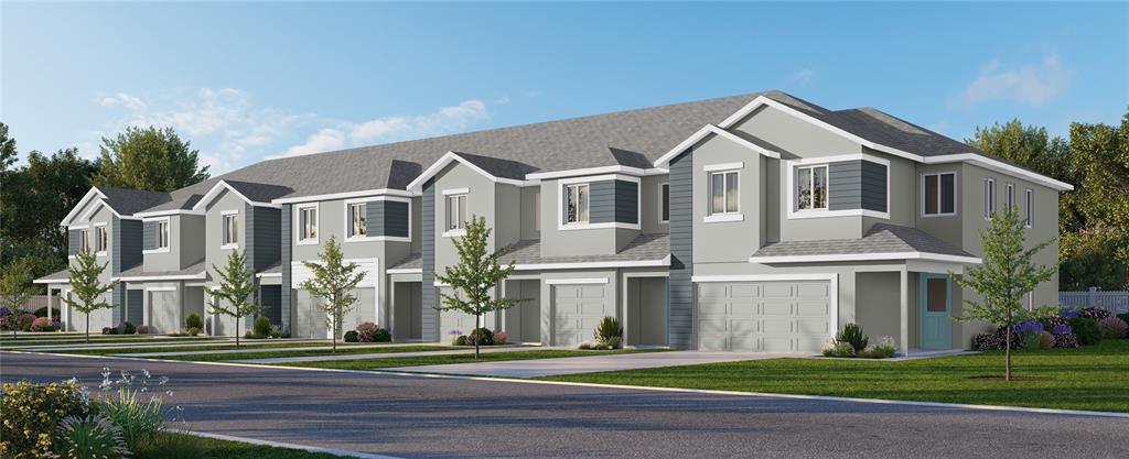 This is a digital rendering of a multi-unit townhouse building with gray siding and garages — 5829 JACKIE MAE PLACE, RIVERVIEW, FL