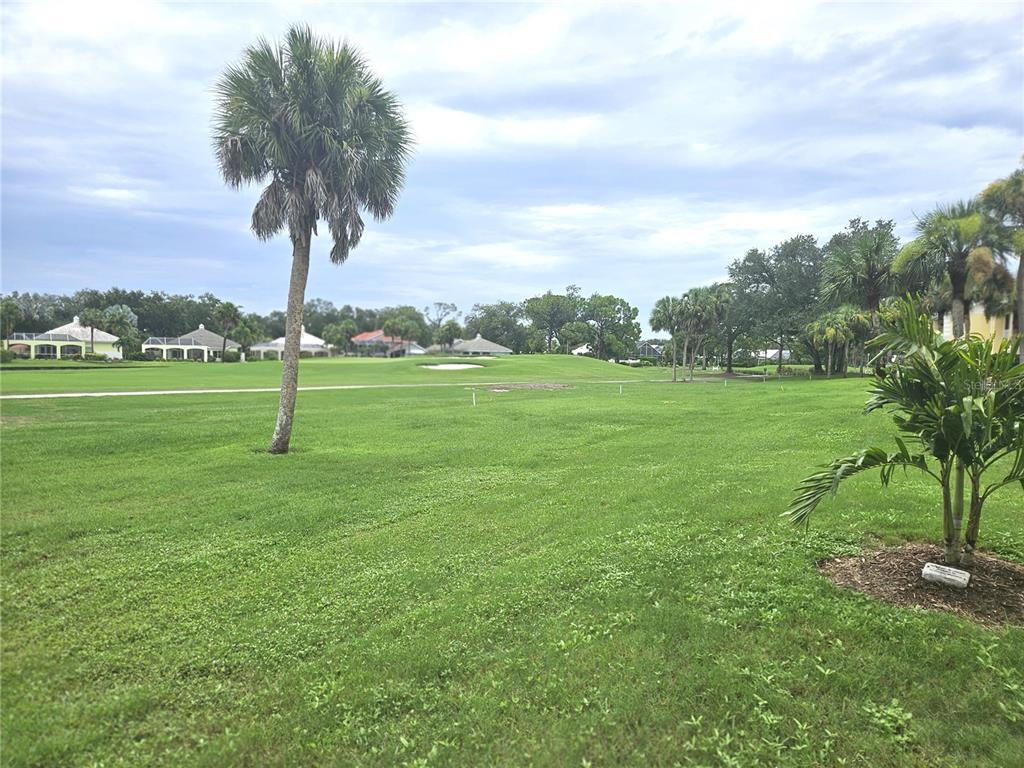 A view of a grassy golf course fairway with palm trees and houses in the distance — 418 CERROMAR COURT UNIT 257, VENICE, FL