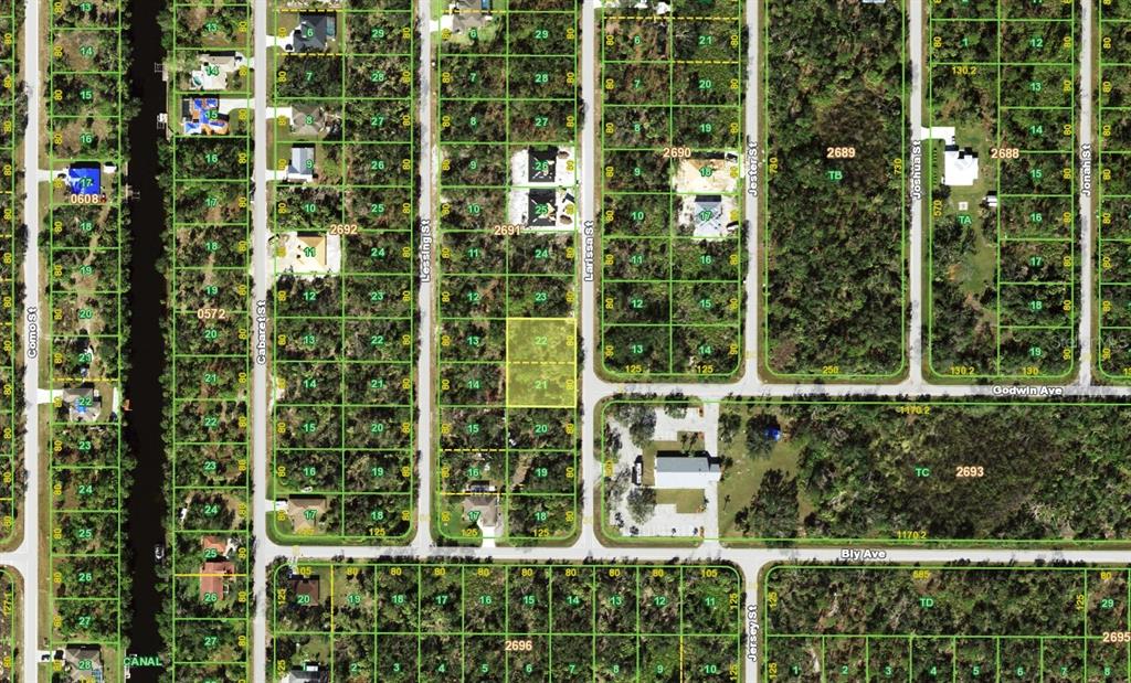 This is a map showing a grid of residential lots and streets in a wooded area — 3169 LARISSA STREET, PORT CHARLOTTE, FL