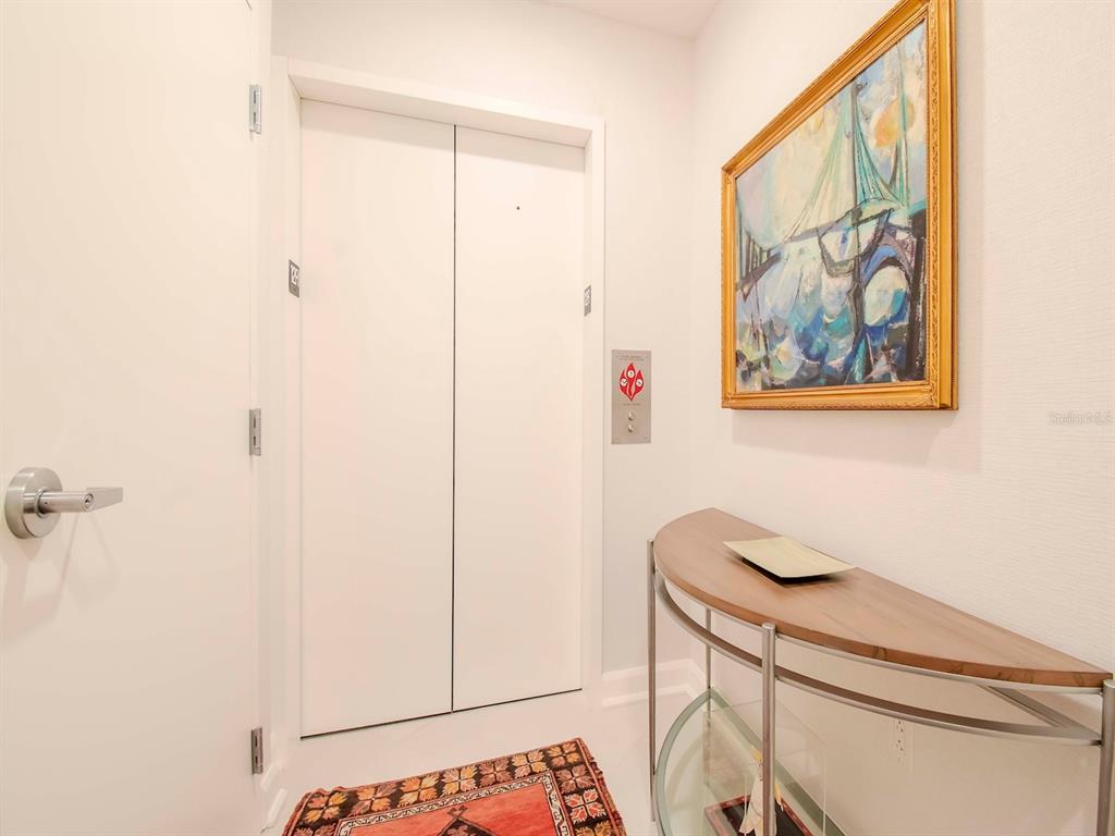A hallway features a white elevator, a wooden console table, and a framed abstract painting — 2900 W BAY TO BAY BOULEVARD UNIT 1203, TAMPA, FL