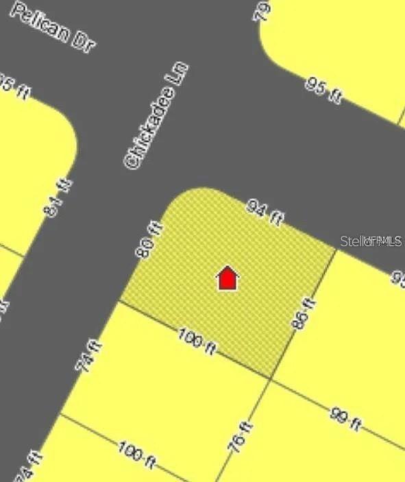 This is a map showing the lot dimensions and street layout for a corner property — 18 CHICKADEE LANE, PLACIDA, FL