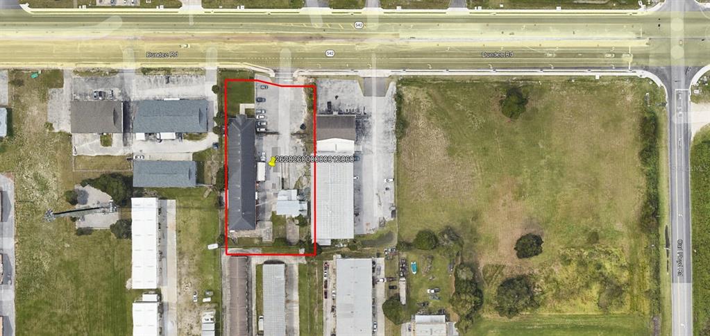 This aerial map shows a rectangular property lot outlined in red along a main road — 3250 DUNDEE ROAD, WINTER HAVEN, FL