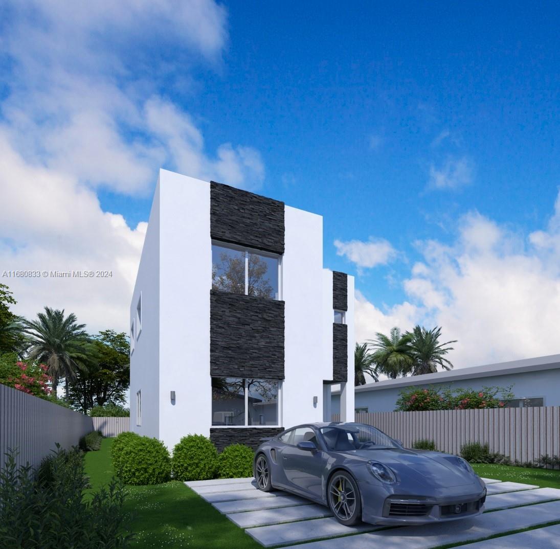 A digital rendering of a modern two-story house with white walls and black stone accents — 721 NW 5th Ave, Pompano Beach FL 33060, POMPANO BEACH, FL