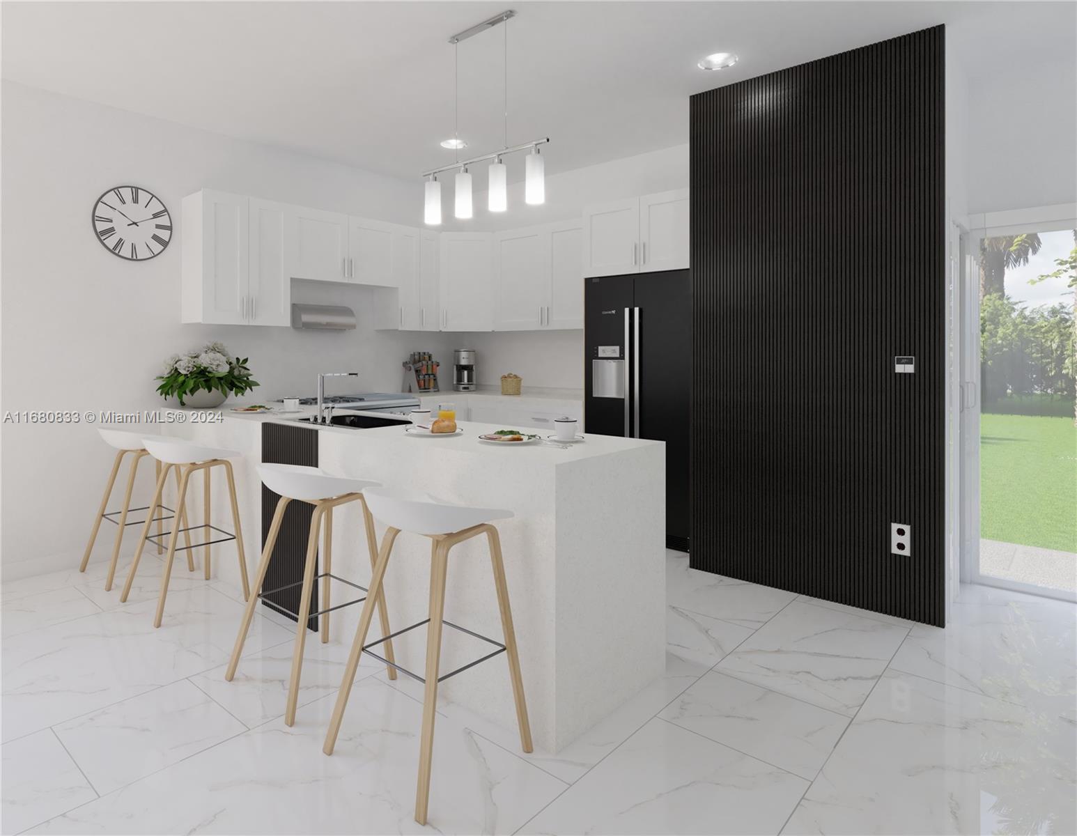 This rendering shows a modern kitchen with white cabinets, a quartz island, and black accents — 721 NW 5th Ave, Pompano Beach FL 33060, POMPANO BEACH, FL