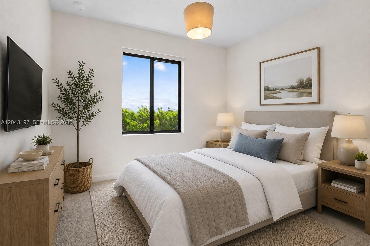 A bedroom features a bed, wooden nightstands, a dresser with a television, and a window — 20610 NE 5th Pl, Miami FL 33179, MIAMI, FL