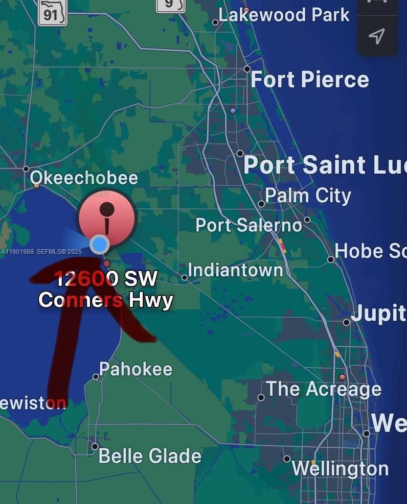This map shows the location of a property near Conners Highway in rural Florida — 12600 SW Conners Highway, Okeechobee FL 34974, OKEECHOBEE, FL