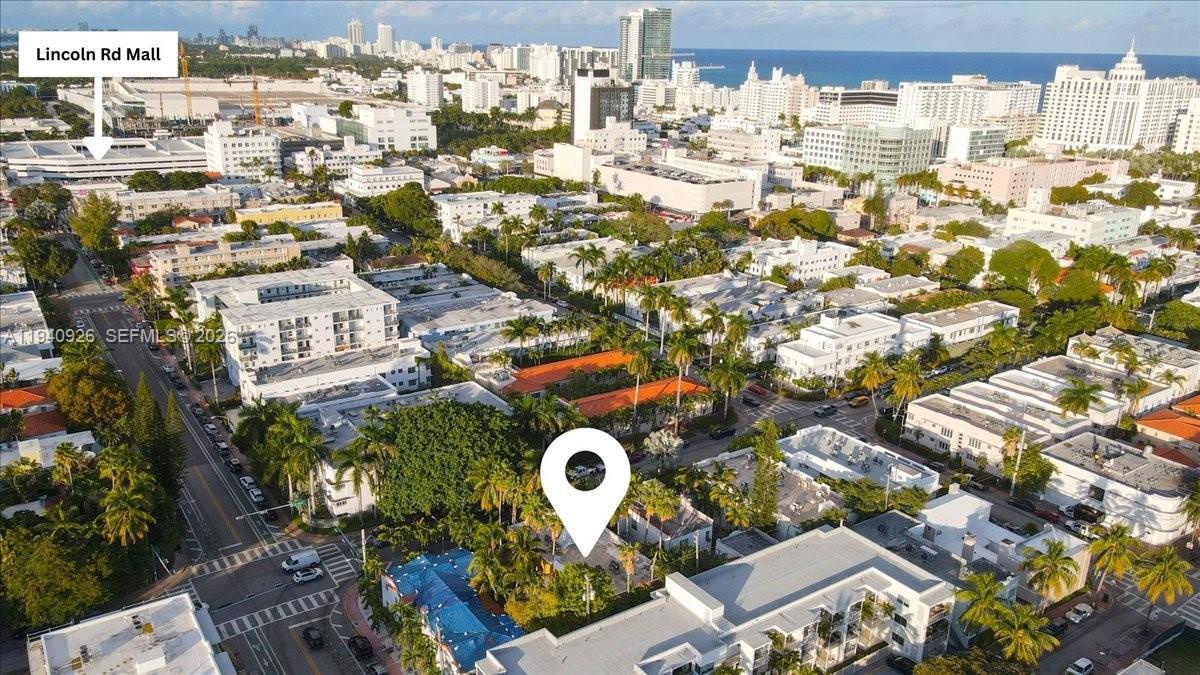 An aerial view of a neighborhood in Miami Beach with a location pin marker — 632 15th St, Miami Beach FL 33139, MIAMI BEACH, FL