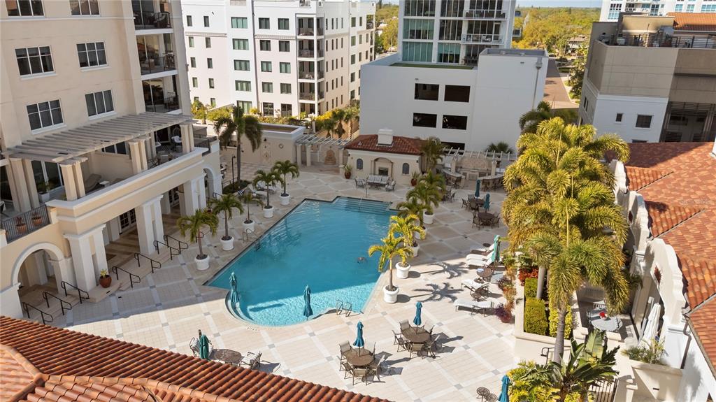 An elevated view of a swimming pool surrounded by a paved patio and palm trees — 300 BEACH DRIVE NE UNIT 302, ST PETERSBURG, FL