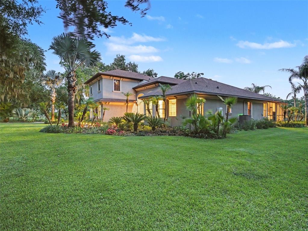 A two-story house with a stucco exterior sits on a large, grassy lawn with palms — 339 CORBETT ROAD, LITHIA, FL