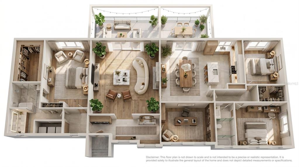 This is a 3D floor plan rendering of a luxury apartment with a large outdoor terrace — 1352 ERROL PARKWAY, APOPKA, FL