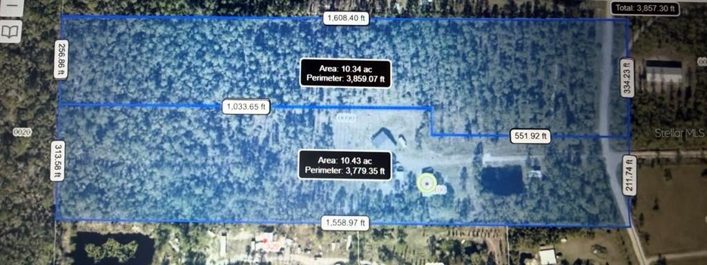 This is a satellite map showing the property boundaries and acreage of two adjacent land parcels — 6100 WINNING WOOD TRAIL, DE LEON SPRINGS, FL