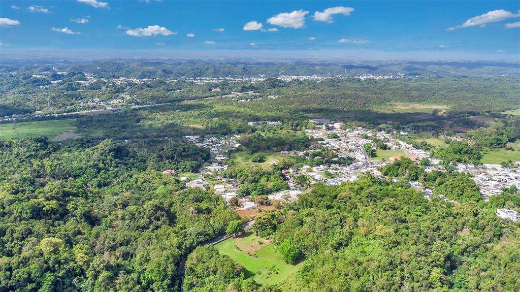 An aerial view shows a residential neighborhood nestled within a lush, hilly, forested landscape — Km 3.6 695, DORADO, PR