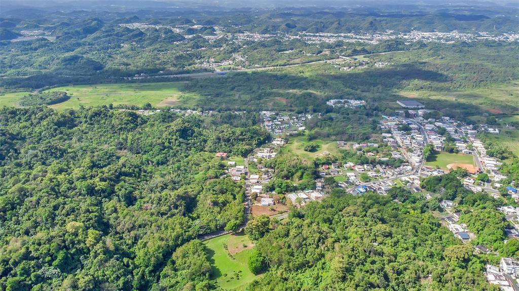 An aerial view shows a residential neighborhood nestled among lush green hills and forests — Km 3.6 695, DORADO, PR