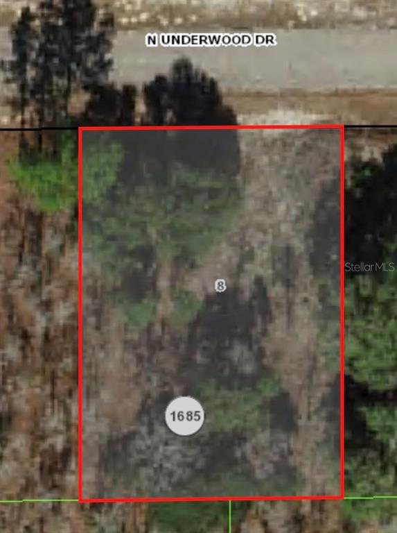 This is an aerial map view of a rectangular, wooded vacant lot — 6654 N UNDERWOOD DRIVE, CITRUS SPRINGS, FL