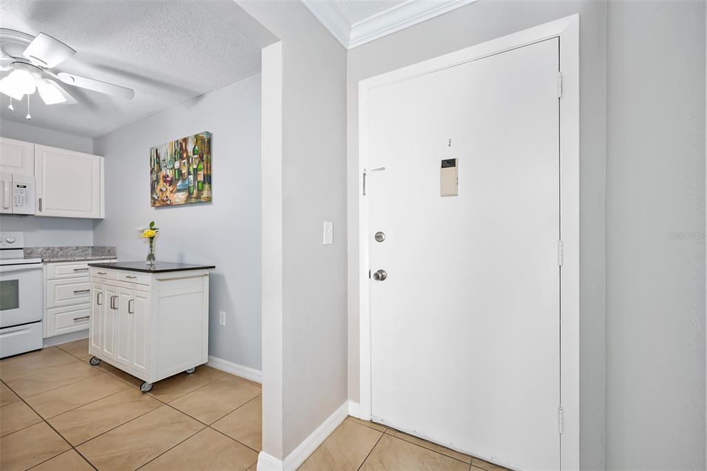 A white front door opens into a kitchen area with tile flooring and white cabinets — 2711 N HALIFAX AVENUE UNIT 478, DAYTONA BEACH, FL