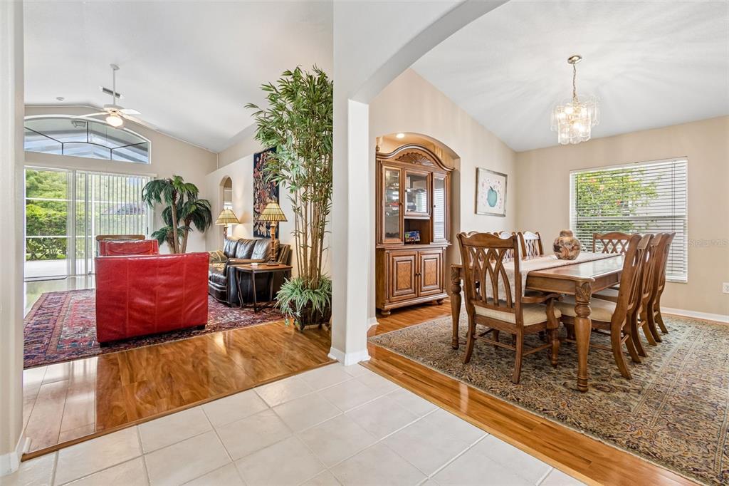 A view from a tiled foyer into a living room and a formal dining room — 19308 SANDY SPRINGS CIRCLE, LUTZ, FL