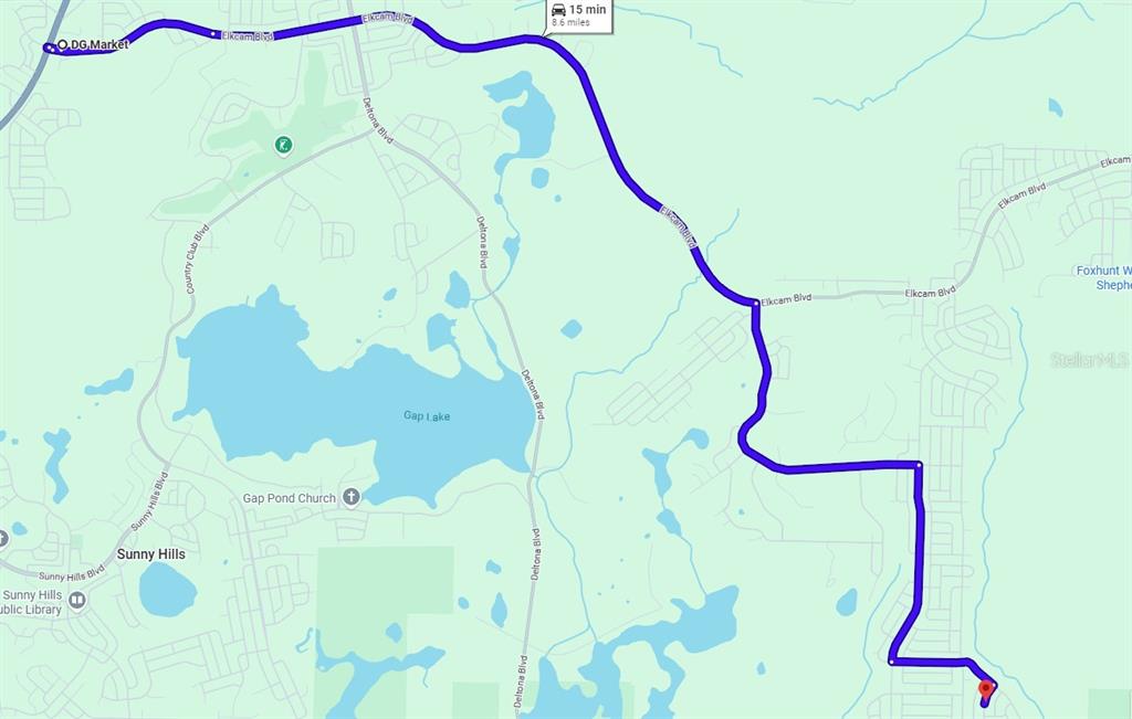 This is a map showing a driving route between two points — Lot 13 Unit 11 Blk 820 FAYSON AVENUE, CHIPLEY, FL