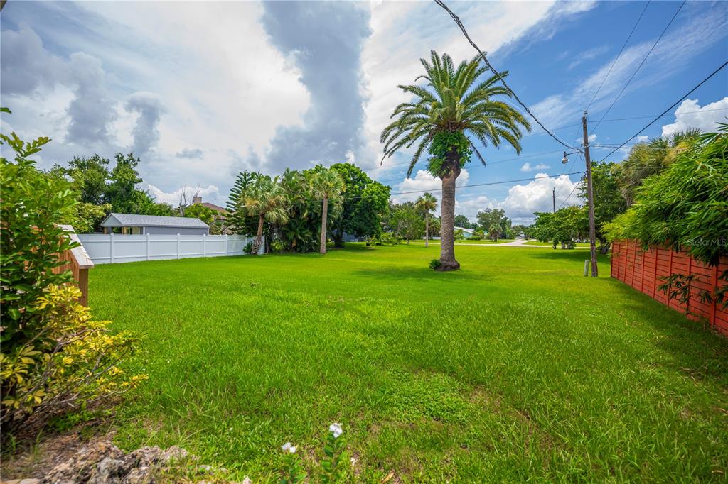 A grassy, fenced-in backyard features a tall palm tree under a cloudy blue sky — 2828 MAGNOLIA WAY, PUNTA GORDA, FL