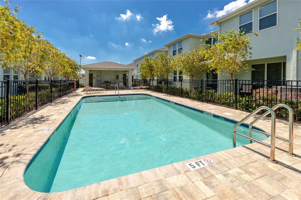 An outdoor swimming pool with a metal ladder and a covered patio area in the background — 1510 FIGLEAF LANE, CLEARWATER, FL