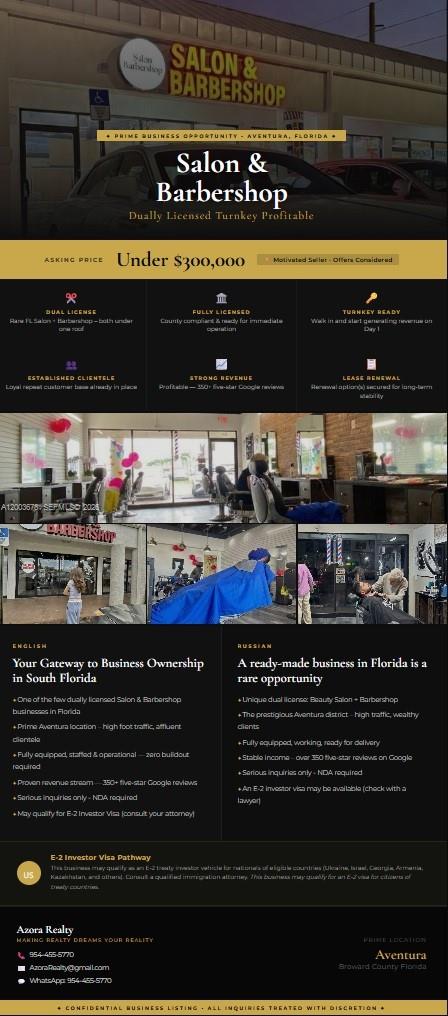 This is a business listing flyer for a salon and barbershop in Aventura, Florida — AVENTURA, FL