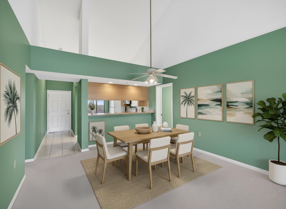 This is a digital rendering of a dining room with green walls and vaulted ceilings — 601 Seafarer Circle # 504, Jupiter FL 33477, JUPITER, FL