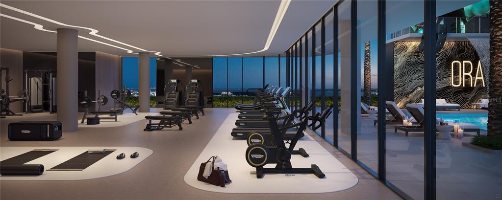 This rendering shows a modern gym with exercise equipment, floor-to-ceiling windows, and an outdoor pool — 1101 E JACKSON STREET UNIT 3206, TAMPA, FL