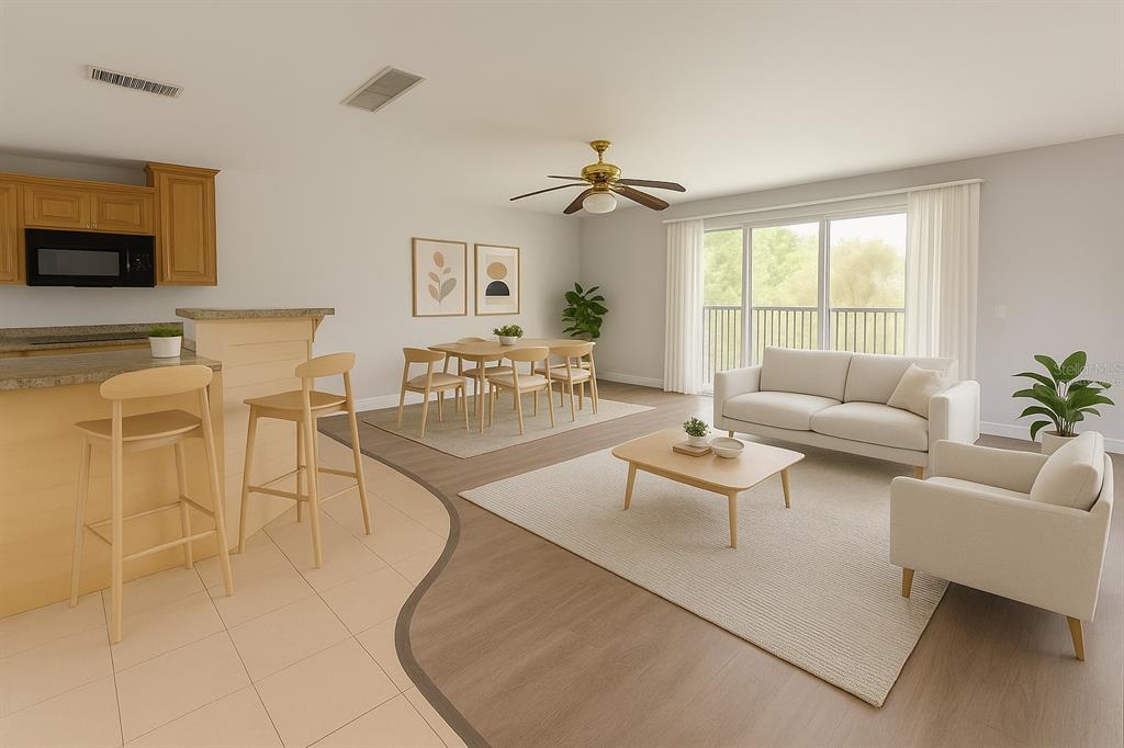 This is a digital rendering of an open-concept living, dining, and kitchen area — 200 COUNTRY CLUB DR UNIT 1302, LARGO, FL