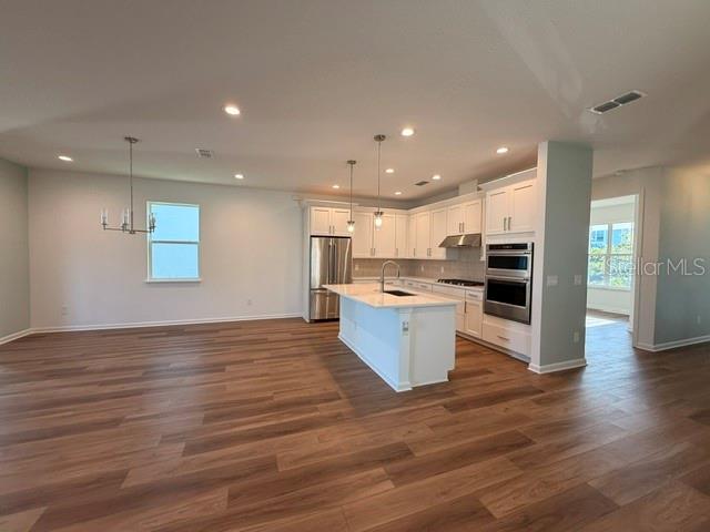 A modern kitchen with white cabinets, a center island, and wood-look flooring — 2592 LONG PINE AVENUE, APOPKA, FL