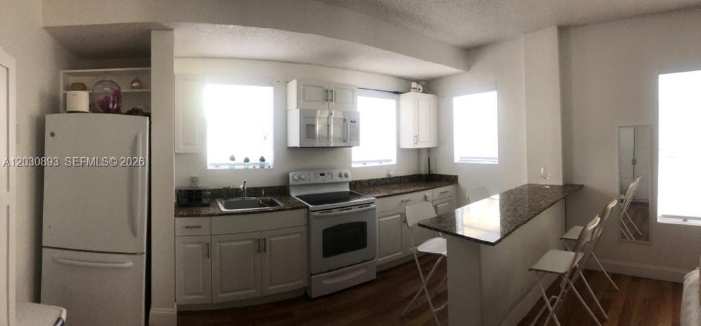 A kitchen features white cabinets, granite countertops, stainless steel appliances, and a breakfast bar — 737 Jefferson Ave # 103, Miami Beach FL 33139, MIAMI BEACH, FL