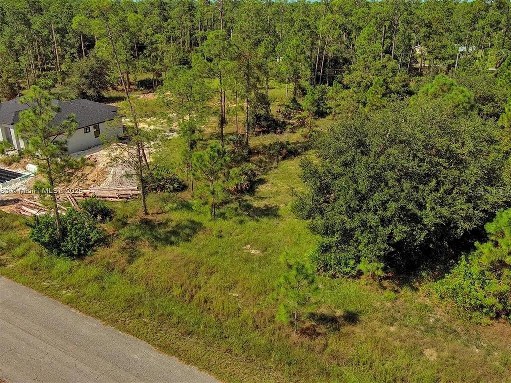 An aerial view shows a grassy, wooded vacant lot next to a newly constructed house — 1219 WASHINGTON AVENUE, LEHIGH ACRES, FL