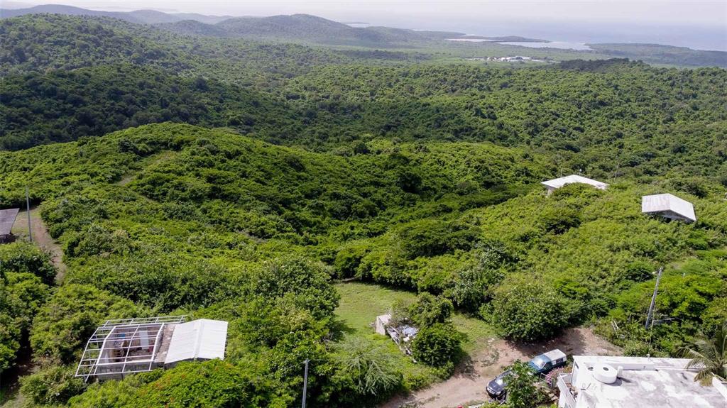 An aerial view shows several small buildings nestled within a dense, hilly, green landscape — 309 CALLE PAPO FOSTER, VIEQUES, PR