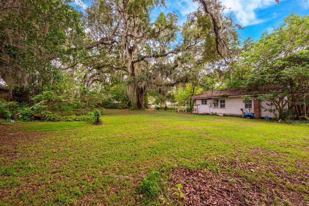 A large, grassy backyard features mature oak trees with Spanish moss and a white house — 1102 HOFFNER AVENUE, ORLANDO, FL