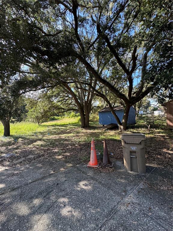 A blue shed sits in a grassy yard under large trees near a trash bin — 2101 STATE ROAD 50, GROVELAND, FL