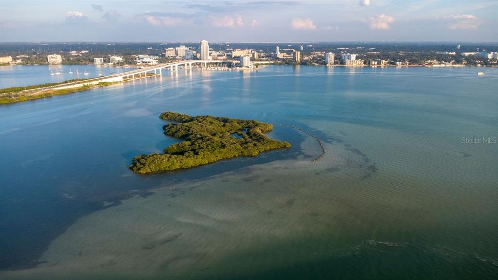 An aerial view shows a small mangrove island in a bay near a bridge and city — 830 S GULFVIEW BOULEVARD UNIT 502, CLEARWATER BEACH, FL