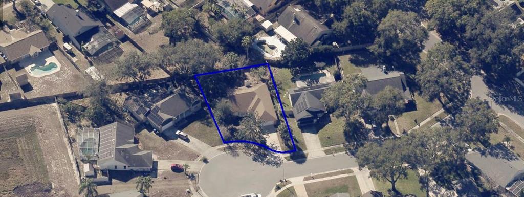 An aerial view shows a single-family home with a blue outline on its property lot — 2419 LIELA LEE COURT, OCOEE, FL