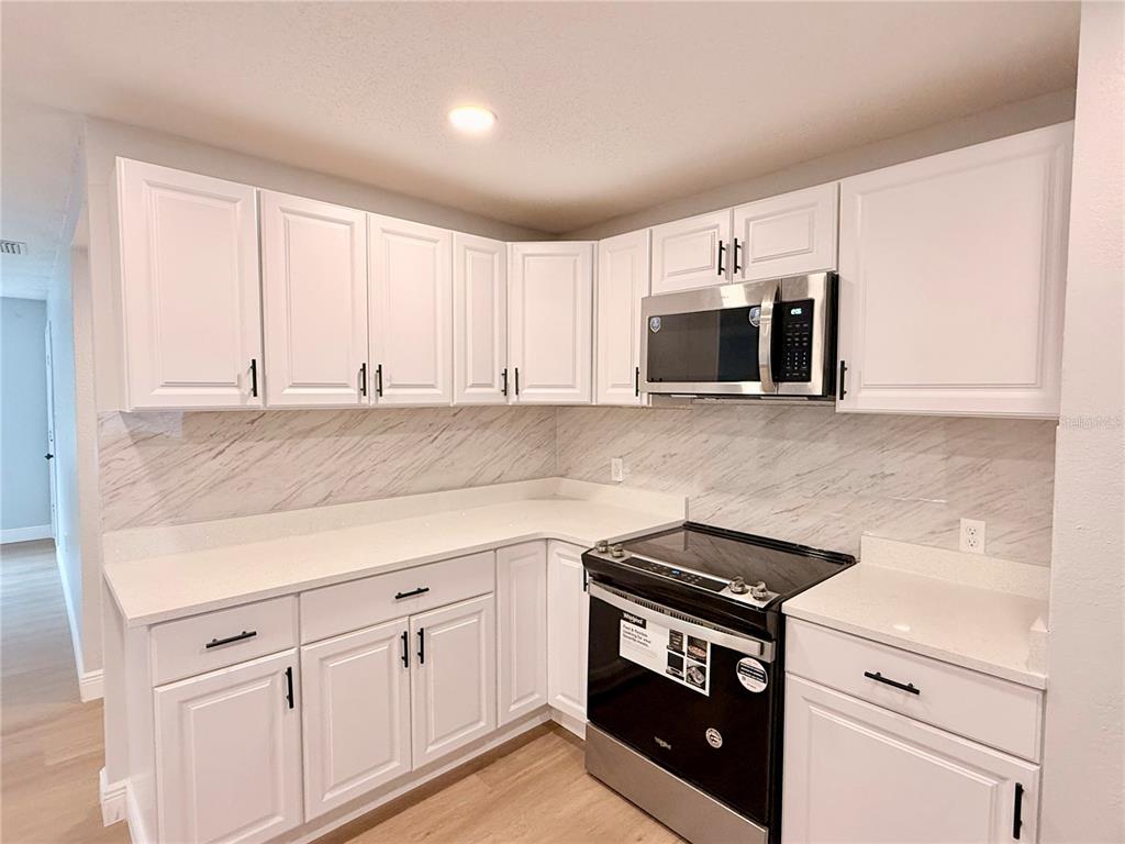 A kitchen features white cabinets, a marble-patterned backsplash, and stainless steel appliances — 1790 WILLIAMS MANOR AVENUE, ORLANDO, FL