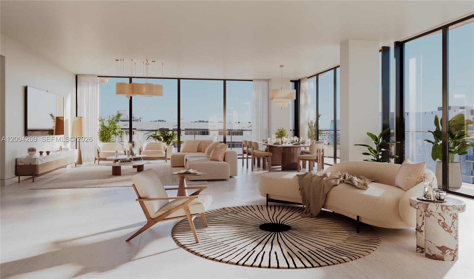 This rendering shows a modern, open-concept living and dining area with floor-to-ceiling windows — 1125 97th St, Bay Harbor Islands FL 33154, BAY HARBOR ISLANDS, FL