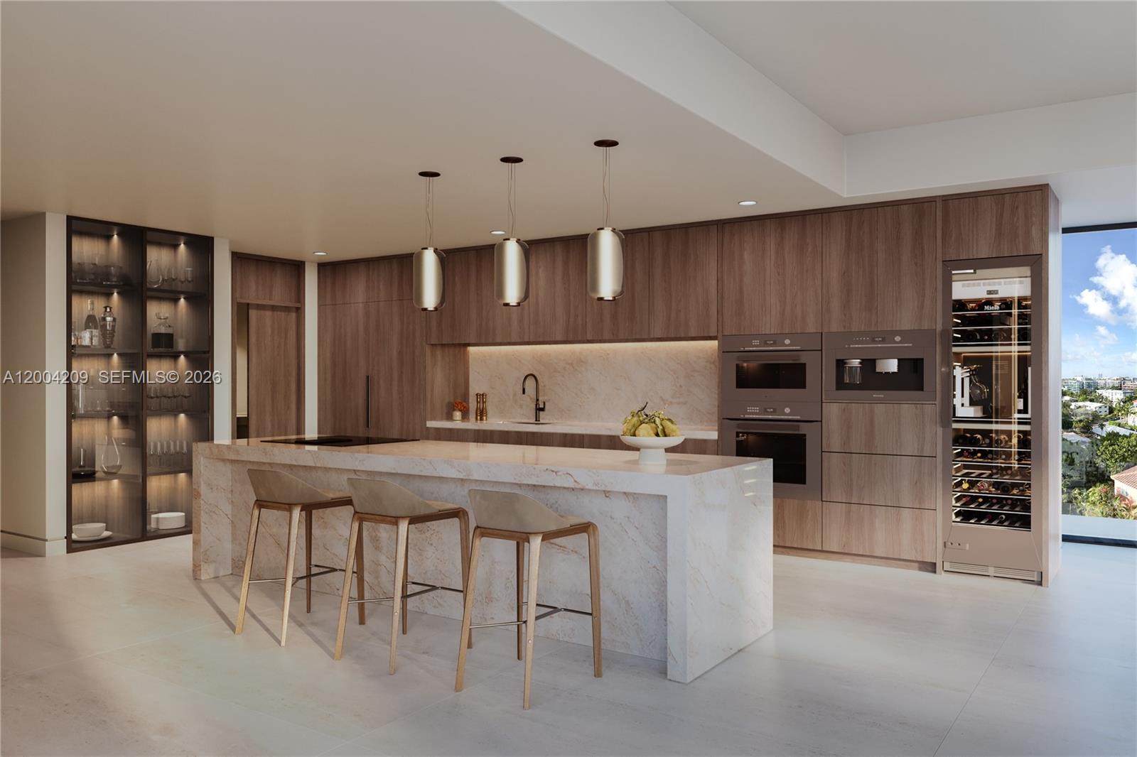 This is a rendering of a modern kitchen featuring wood cabinetry, marble countertops, and bar seating — 1125 97th St, Bay Harbor Islands FL 33154, BAY HARBOR ISLANDS, FL
