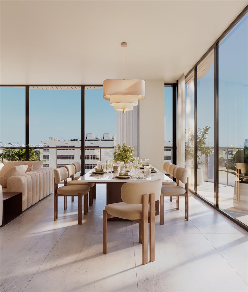 This rendering shows a modern dining room with floor-to-ceiling windows and a tiered pendant light — 1125 97th St, Bay Harbor Islands FL 33154, BAY HARBOR ISLANDS, FL
