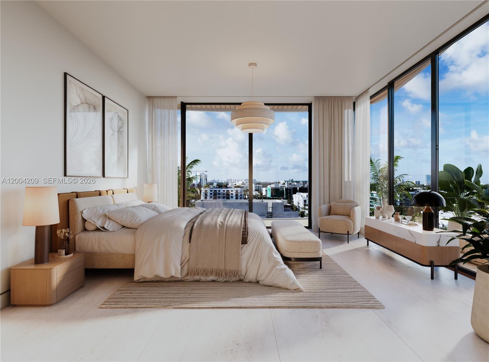 This rendering shows a modern bedroom with a large bed, floor-to-ceiling windows, and city views — 1125 97th St, Bay Harbor Islands FL 33154, BAY HARBOR ISLANDS, FL