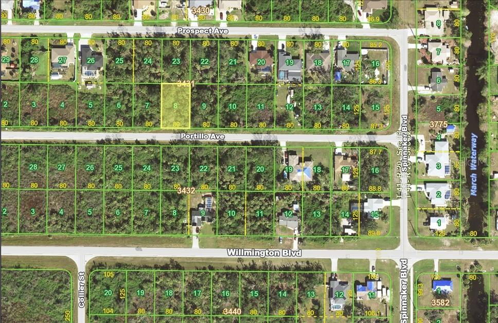 This is an aerial map showing residential lots and streets in a suburban neighborhood — 9464 PORTILLO AVENUE, ENGLEWOOD, FL