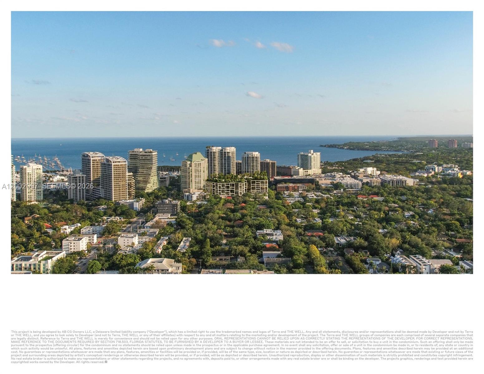 This is an aerial rendering showing a coastal city with high-rise buildings and surrounding greenery — 2835 Tigertail Ave # 409S, Coconut Grove FL 33133, COCONUT GROVE, FL