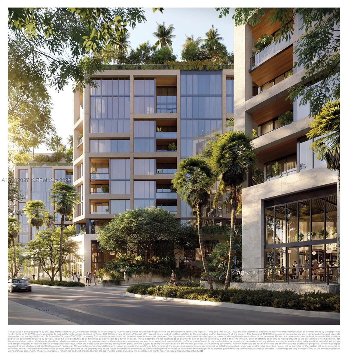 This architectural rendering shows the exterior of a modern multi-story residential building with balconies — 2835 Tigertail Ave # 409S, Coconut Grove FL 33133, COCONUT GROVE, FL