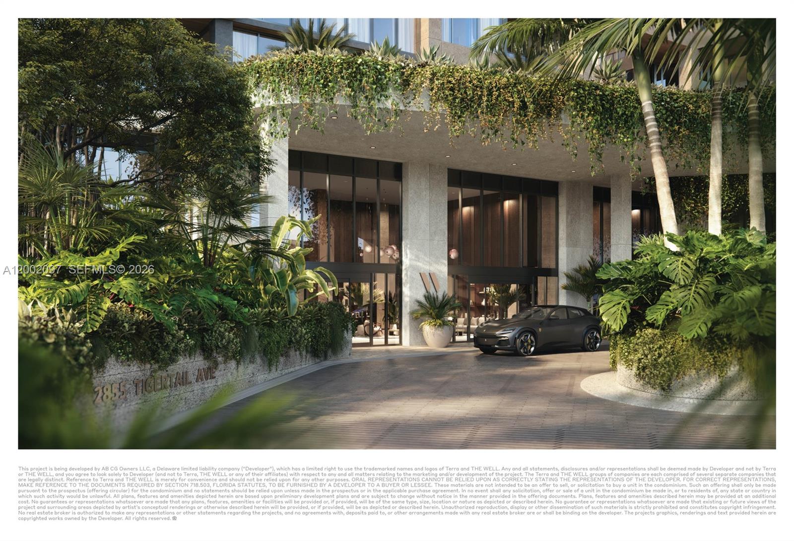 A rendering of a modern building entrance with lush landscaping and a parked luxury car — 2835 Tigertail Ave # 409S, Coconut Grove FL 33133, COCONUT GROVE, FL