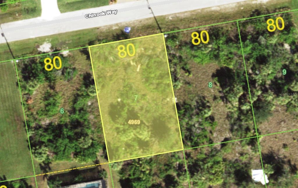 This is an aerial map view of a vacant rectangular residential lot — 15093 CHINOOK WAY, PORT CHARLOTTE, FL