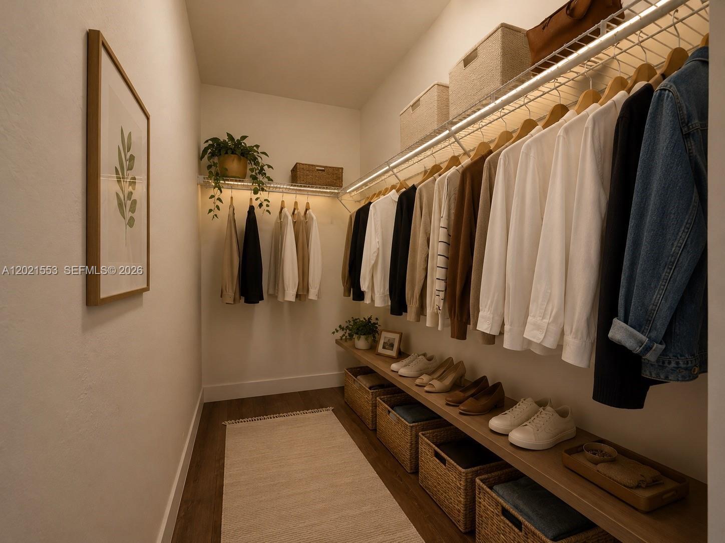 A walk-in closet features hanging clothes, wooden shelving, woven storage baskets, and a framed print — 143 SW 9th St # 106, Miami FL 33130, MIAMI, FL